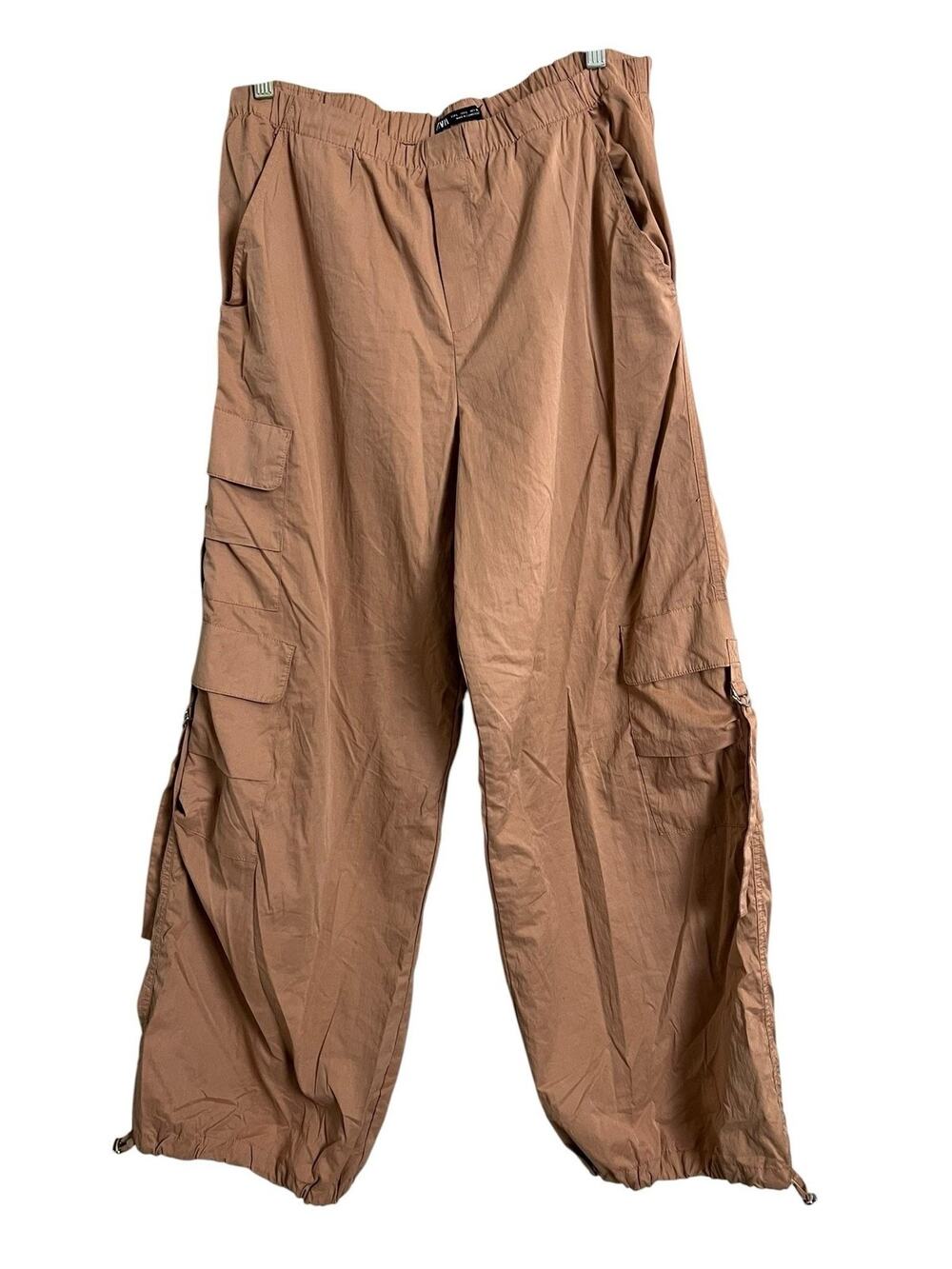 Zara Wide Leg Cargo Pants Womens Large Tan Parachute Utility Y2K Streetwear